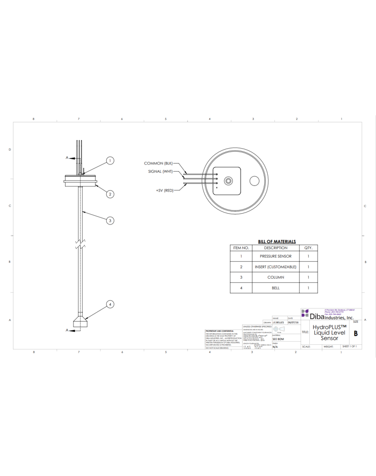 HydroPlus™ Liquid Pressure Level Sensor Drawing